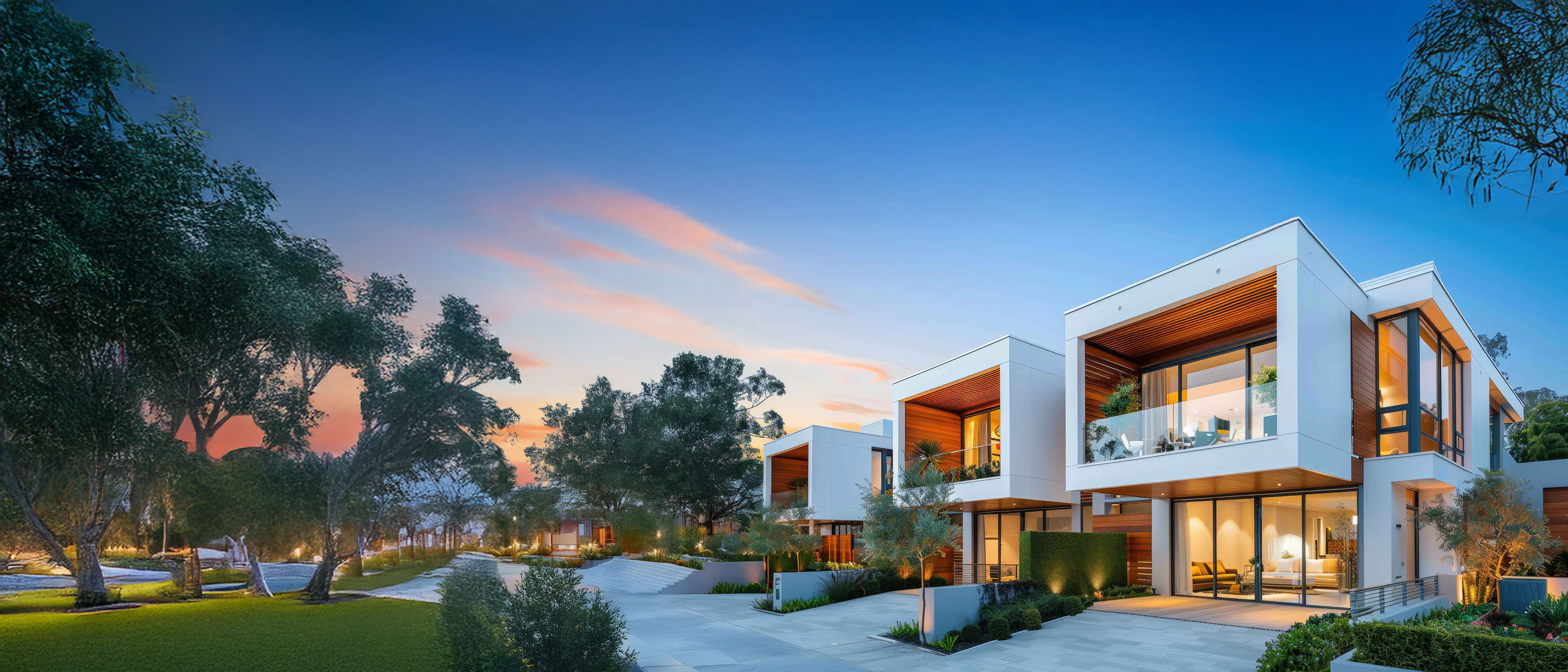 Luxury modern homes at sunset